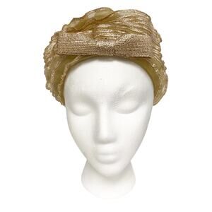 Vintage Georgette Gold Mesh Ruffle Pillbox Bow Hat